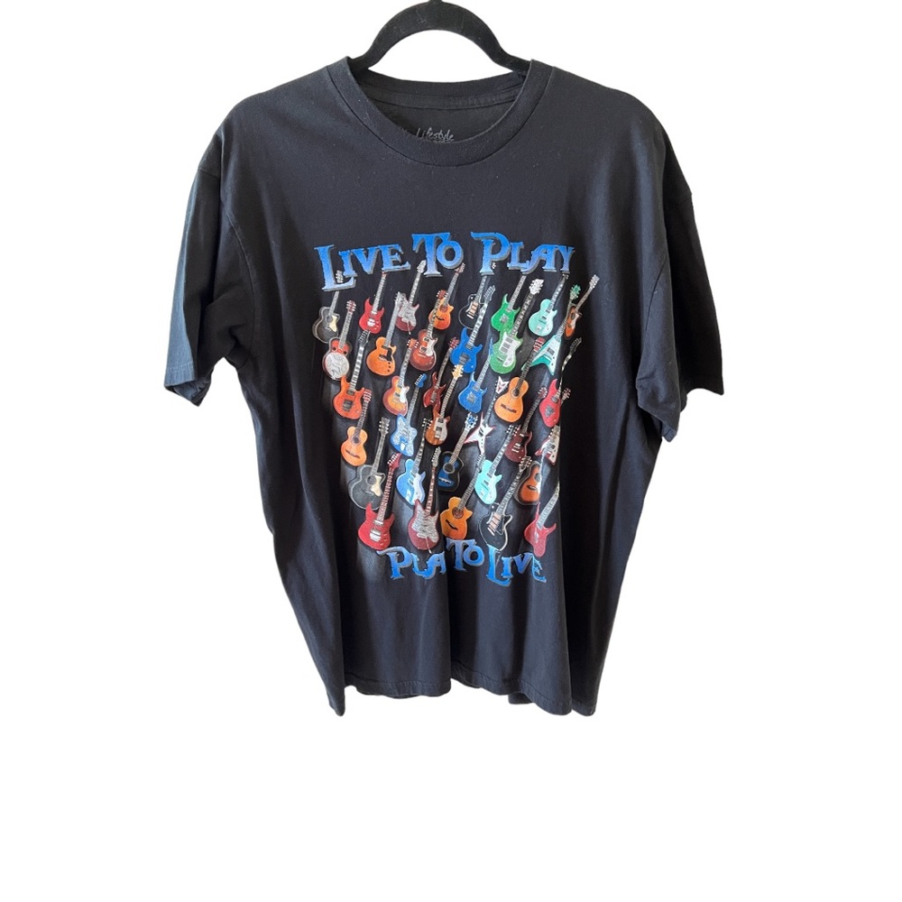 Life Styles Classic T-Shirt Early 2000s Black Crew Neck Guitars Unisex Sz XL